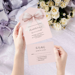 Bow pink rose gold Quinceanera rsvp All In One Invitation