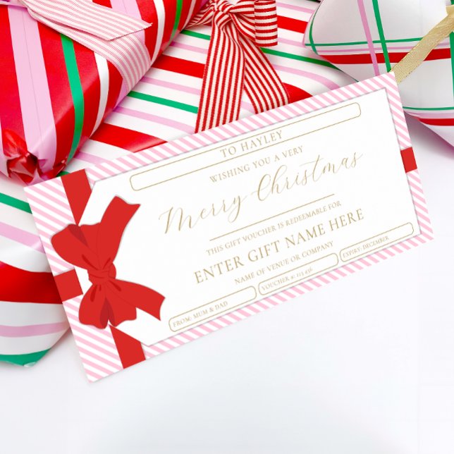 Bow Pink StripeMerry Christmas Gift Voucher Card (Creator Uploaded)