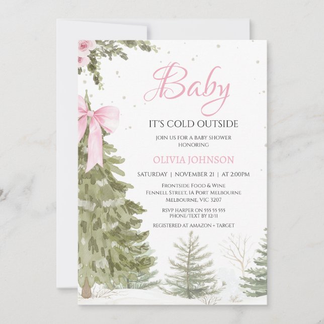Bow Pink Tree Baby It's Cold Baby Shower Invitation (Front)