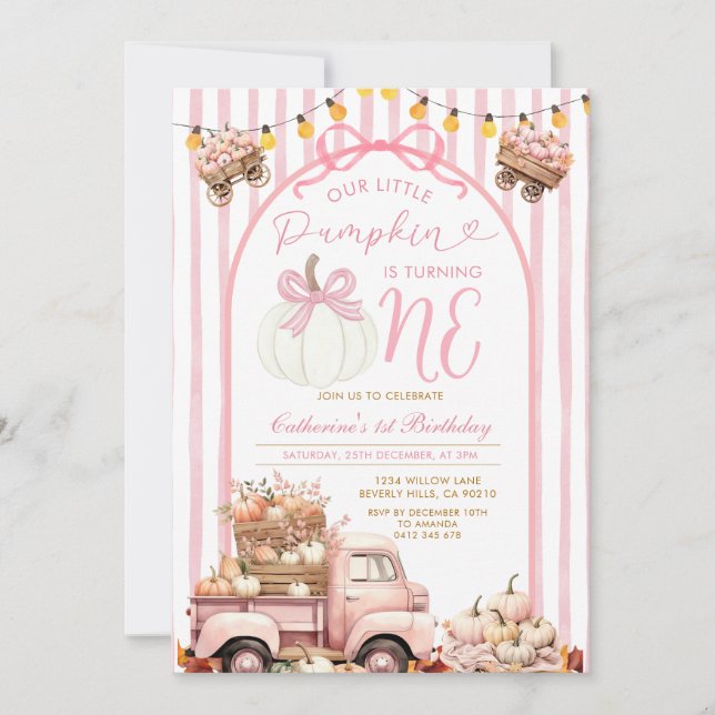 Bow Pink Truck Pumpkin 1st Birthday Stripe Autumn Invitation (Front)