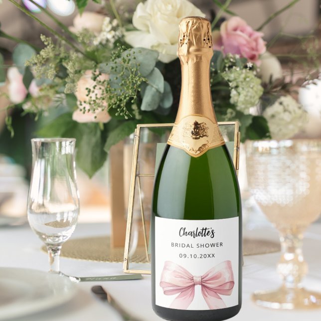 Bow pink white Bridal Shower Sparkling Wine Label (Creator Uploaded)
