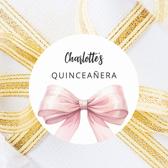 Bow pink white elegant Quinceanera Classic Round Sticker (Creator Uploaded)