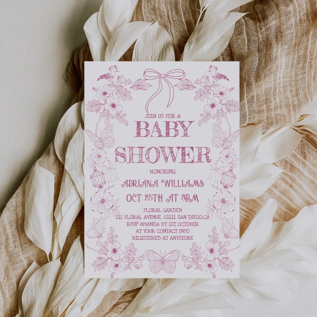 Bow Pink White Toile Flowers Girl Baby Shower Invitation (Creator Uploaded)