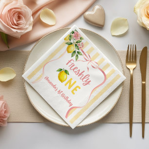 Bow Pink Yellow Lemon Freshly One First Birthday Napkin