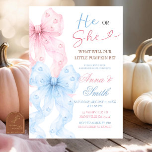 Bow Pumpkin He or She Gender Reveal Invitation