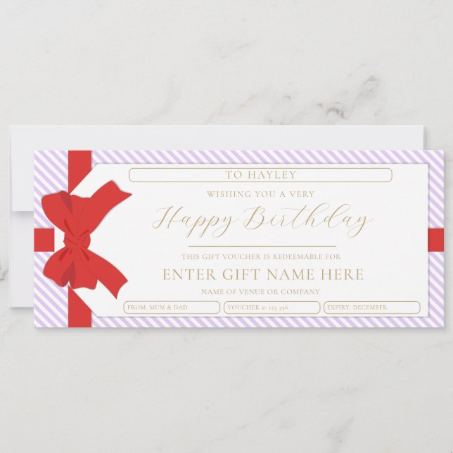 Bow Purple Stripe Babysitting Gift Voucher Card (Front)