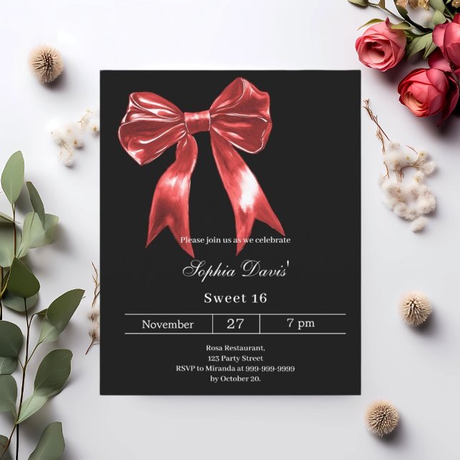 Bow red black Sweet 16 invitation (Creator Uploaded)