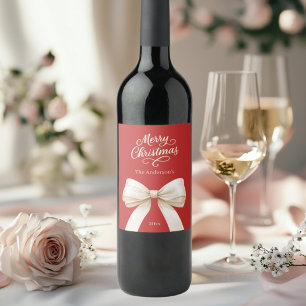 Bow red cream script Christmas Wine Label