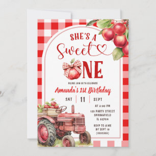 Bow Red Preppy Plaid Apple First Birthday Invitation