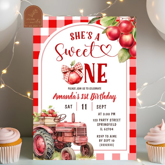 Bow Red Preppy Plaid Apple First Birthday Invitation (Creator Uploaded)