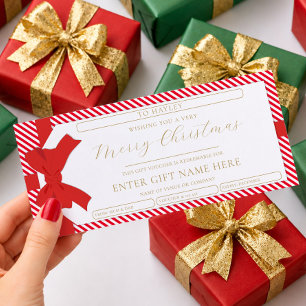 Bow Red Stripe Merry Christmas Gift Voucher Card