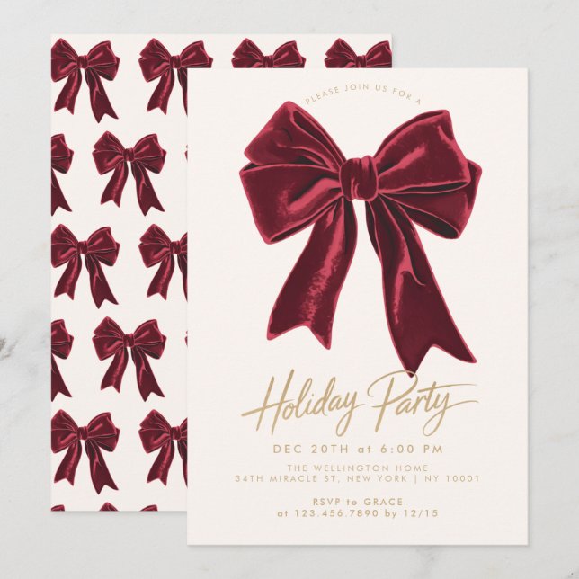 Bow Red Velvet Bow Elegant Holiday Christmas Party Invitation (Front/Back)