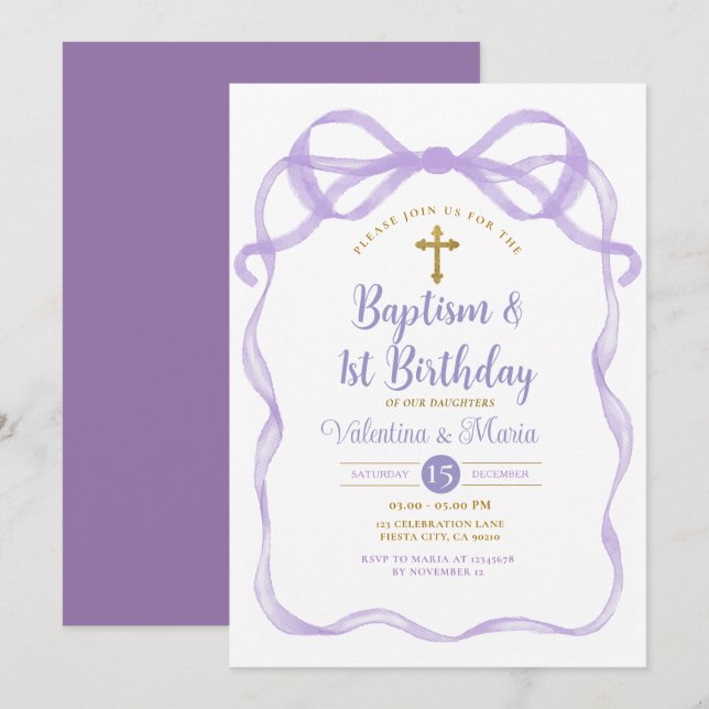 Bow Ribbon Baptism & 1st Birthday Purple  Invitation (Front/Back)