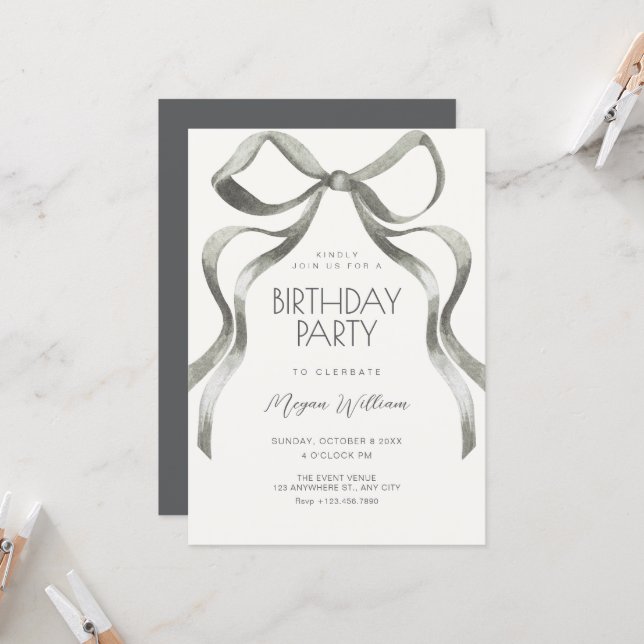 Bow ribbon birthday invitation (Front/Back In Situ)