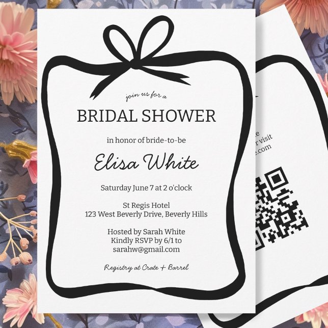 Bow Ribbon Frame Bridal Shower CUSTOM QR Code Invitation (Bow Ribbon Frame Bridal Shower CUSTOM QR Code Invitation Simple Minimalist Girly)