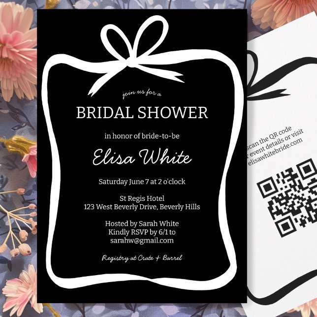 Bow Ribbon Frame Bridal Shower CUSTOM QR Code Invitation (Bow Ribbon Frame Bridal Shower CUSTOM QR Code Invitation Black and White Elegant Minimal SImple)