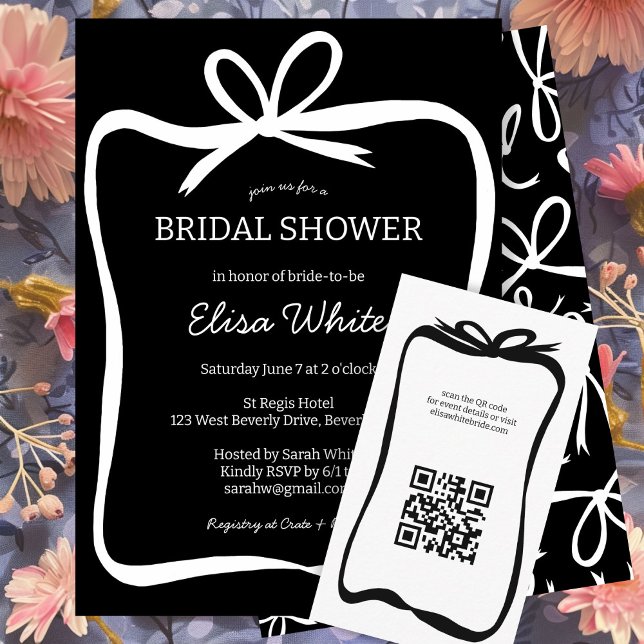 Bow Ribbon Frame Elegant Bridal Shower CUSTOM  Invitation (Bow Ribbon Frame Elegant Bridal Shower CUSTOM Invitation Black and White Simple Minimalist)