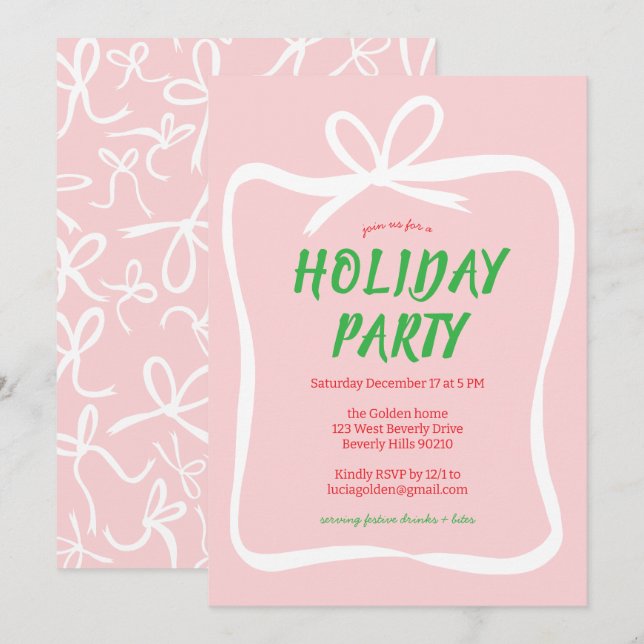 Bow Ribbon Frame Holiday Christmas Party CUSTOM  Invitation (Front/Back)