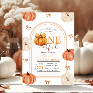 Bow Ribbon Isn't She Onederful Pumpkin Gingham Invitation