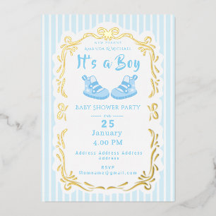 Bow Ribbon Its a Boy Baby Shoe Blue Invitation