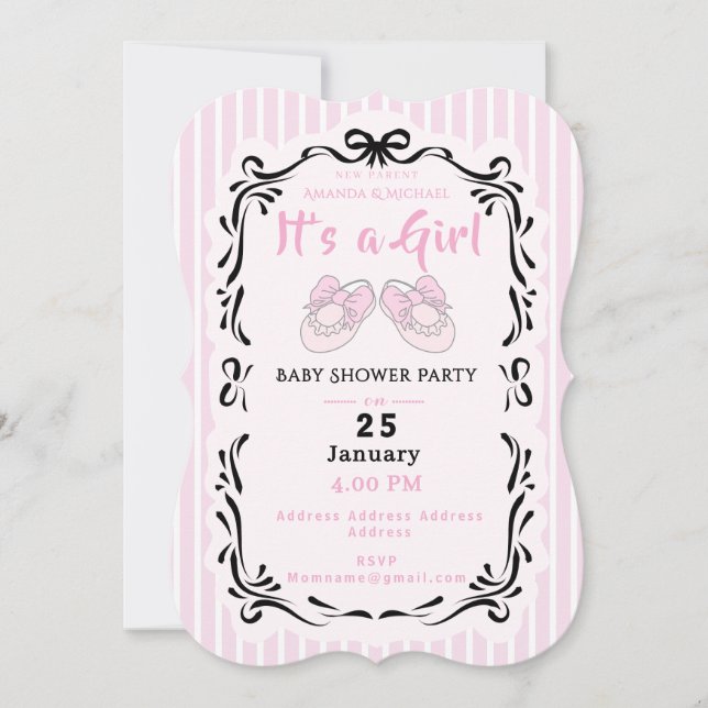 Bow Ribbon Its a Girl Baby Shoe Black Pink Invitation (Front)