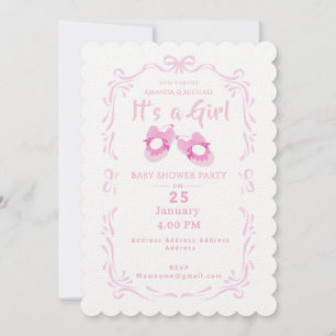 Bow Ribbon Its a Girl Baby Shoe Invitation