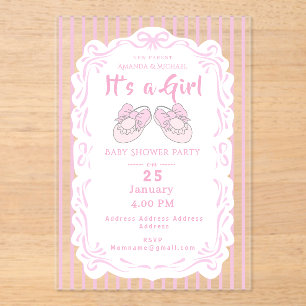 Bow Ribbon Its a Girl Baby Shoe Pink Invitation