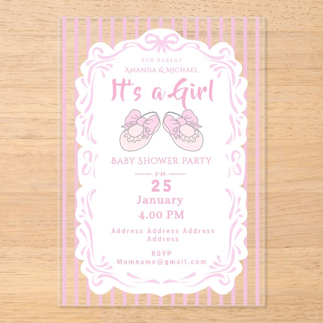 Bow Ribbon Its a Girl Baby Shoe Pink Invitation (Front)