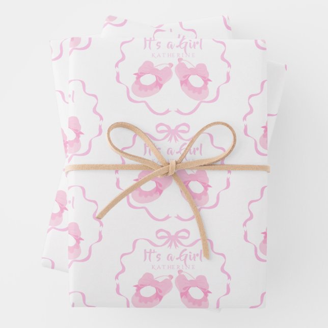 Bow Ribbon Its a Girl White Wrapping Paper Sheet (In situ)