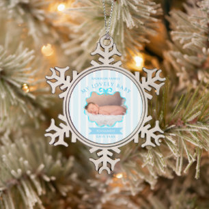Bow Ribbon New Born Baby Boy Snowflake Pewter Christmas Ornament