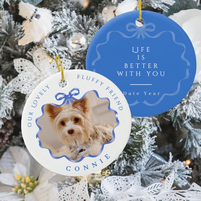 Bow Ribbon Pet Memory Photo Blue Ceramic Tree Decoration (Bow Ribbon Pet Memory Photo Blue Ceramic Ornament)