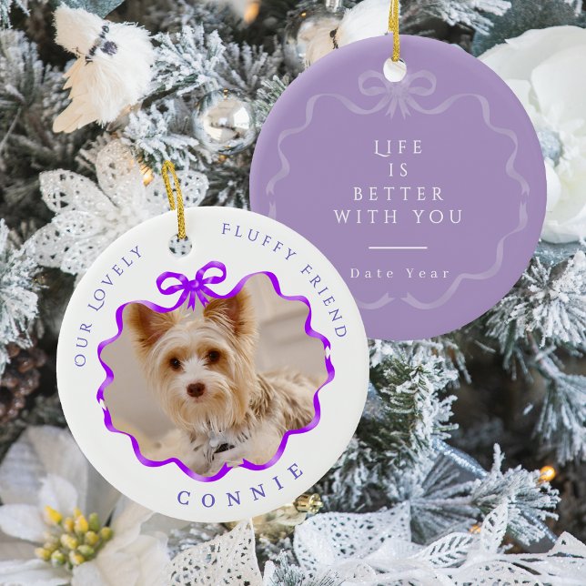 Bow Ribbon Pet Memory Photo Purple  Ceramic Tree Decoration (Bow Ribbon Pet Memory Photo Purple Ceramic Ornament)
