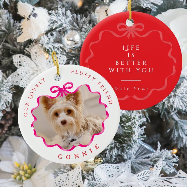 Bow Ribbon Pet Memory Photo Red Ceramic Tree Decoration (Bow Ribbon Pet Memory Photo Red Ceramic Ornament)