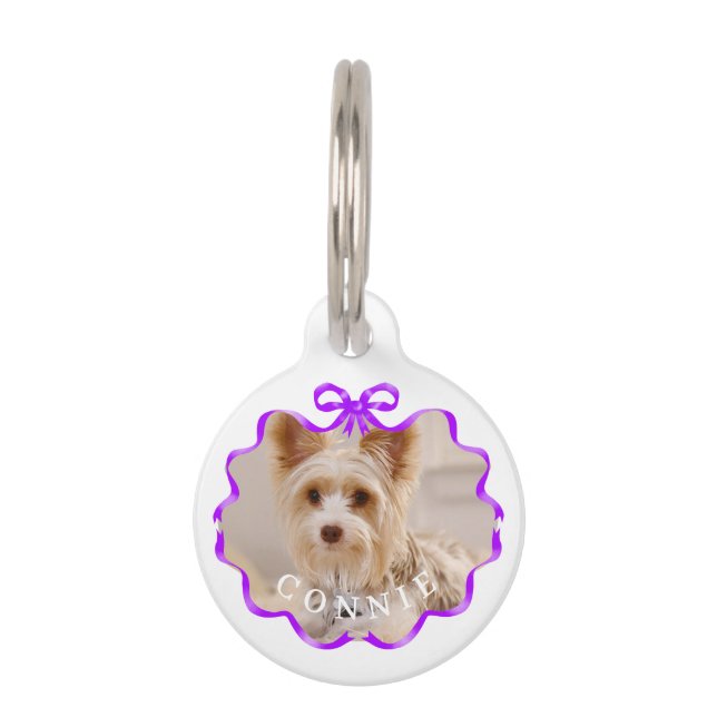 Bow Ribbon Pet Photo Purple White Pet Tag (Front)