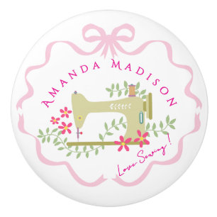 Bow Ribbon Sewing  Pink White Ceramic Knob