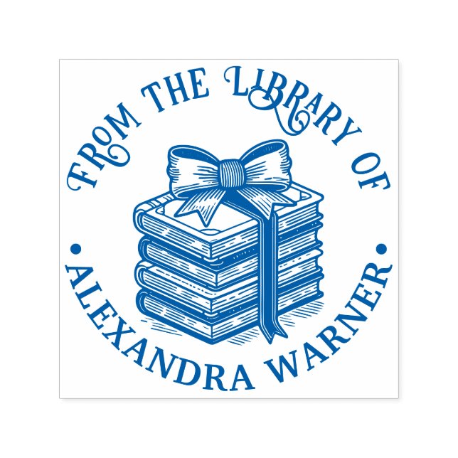 Bow Ribbon Wrapped Stack of Books Library Name Self-inking Stamp (Design)