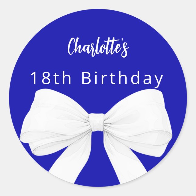 Bow royal blue white Birthday Classic Round Sticker (Front)