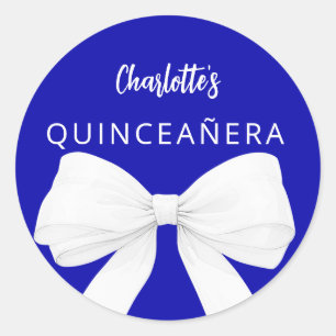 Bow royal blue white Quinceanera Classic Round Sticker