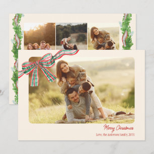 Bow rustic Christmas 4 Photos plaid ribbon Holiday Card