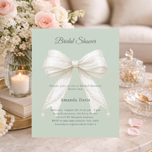 Bow sage ivory pearls Bridal Shower invitation