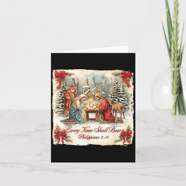Bow Santa Christmas Nativity Scene Every Knee Shal Card (Front)