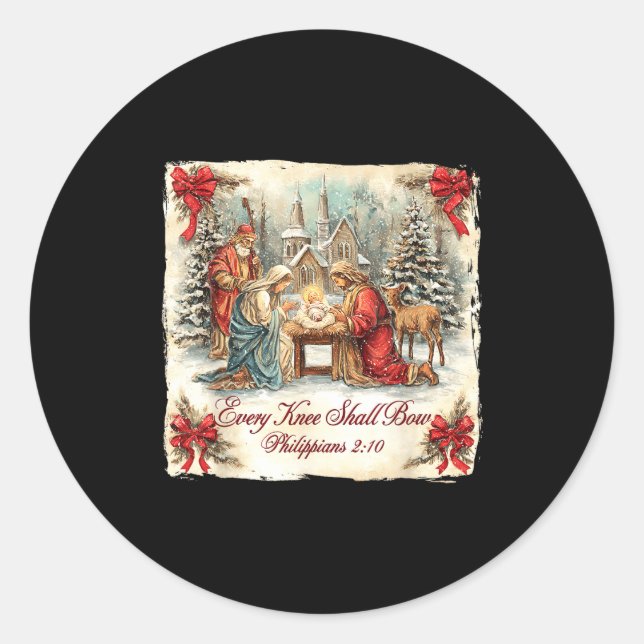 Bow Santa Christmas Nativity Scene Every Knee Shal Classic Round Sticker (Front)