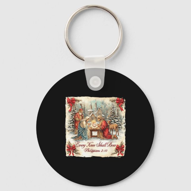 Bow Santa Christmas Nativity Scene Every Knee Shal Key Ring (Front)