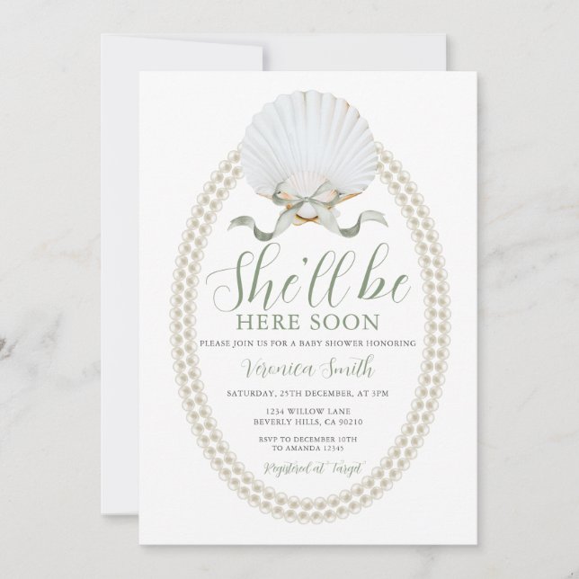 Bow She'll Be Here Soon Sea Shell Cute Baby Shower Invitation (Front)