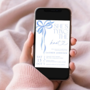 Bow She's Tying the Knot Blue Bridal Shower Invitation