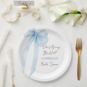 Bow She's Tying The Knot Blue Bridal Shower Paper Plate
