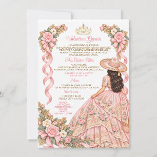 Bow Soft Pink Charra Girl Quinceañera Floral Gold Invitation