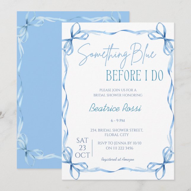 Bow Something Blue Squiggle Bridal Shower Invitation (Front/Back)