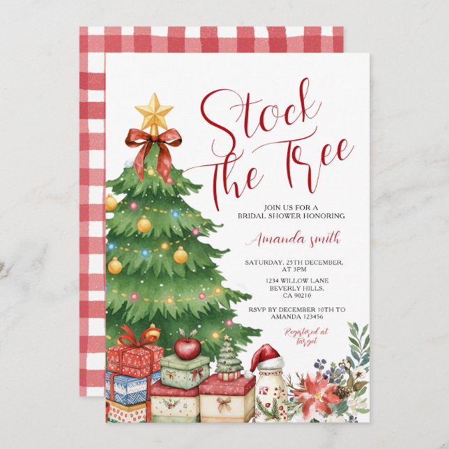 Bow Stock the Tree Christmas Bridal Shower Floral Invitation (Front/Back)