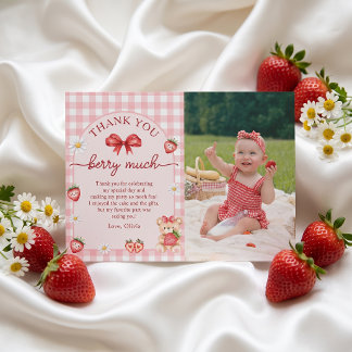 Bow Strawberry Girl Birthday Thank You Card Photo